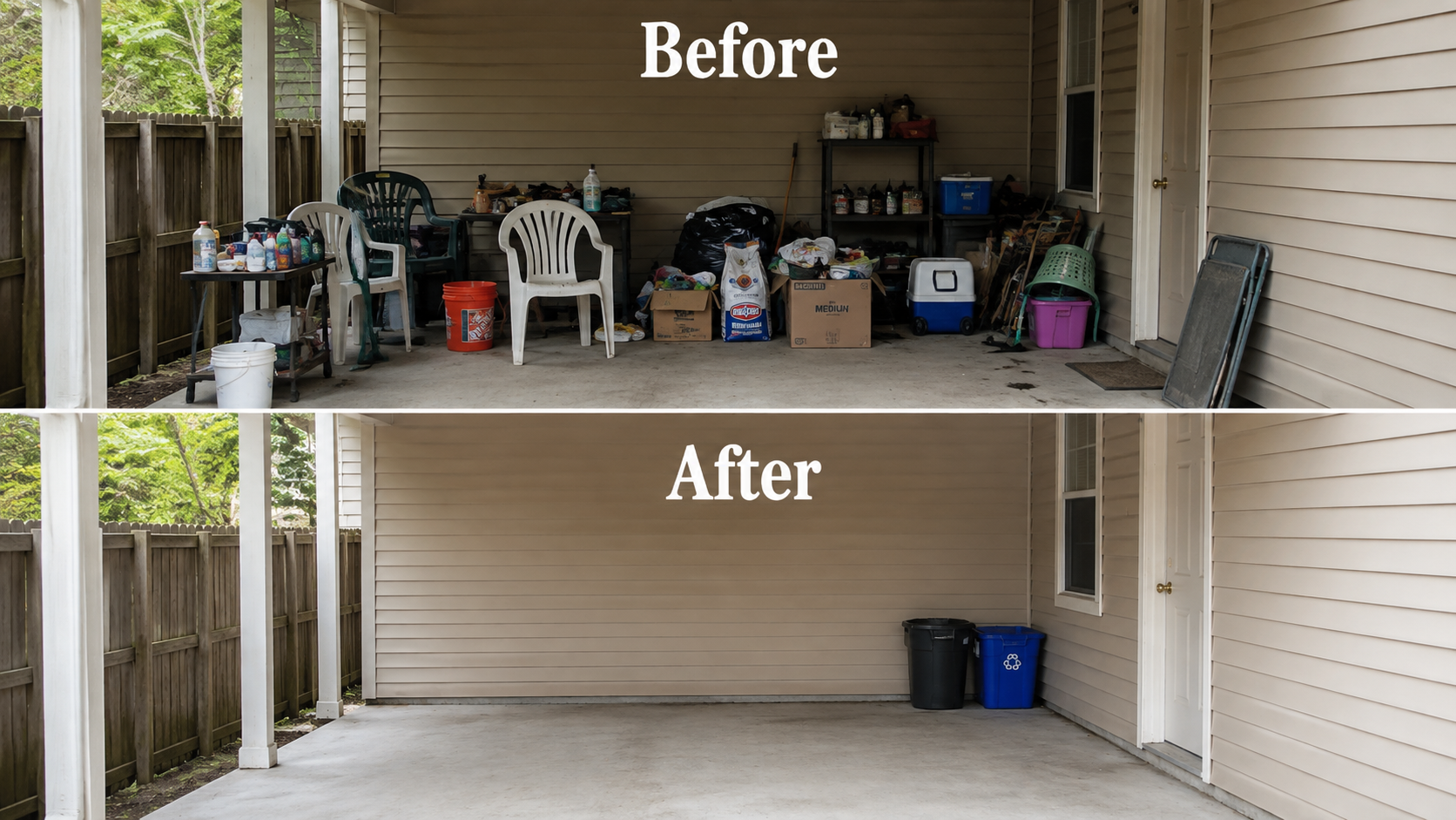 Carport & patio cleanout — before and after
