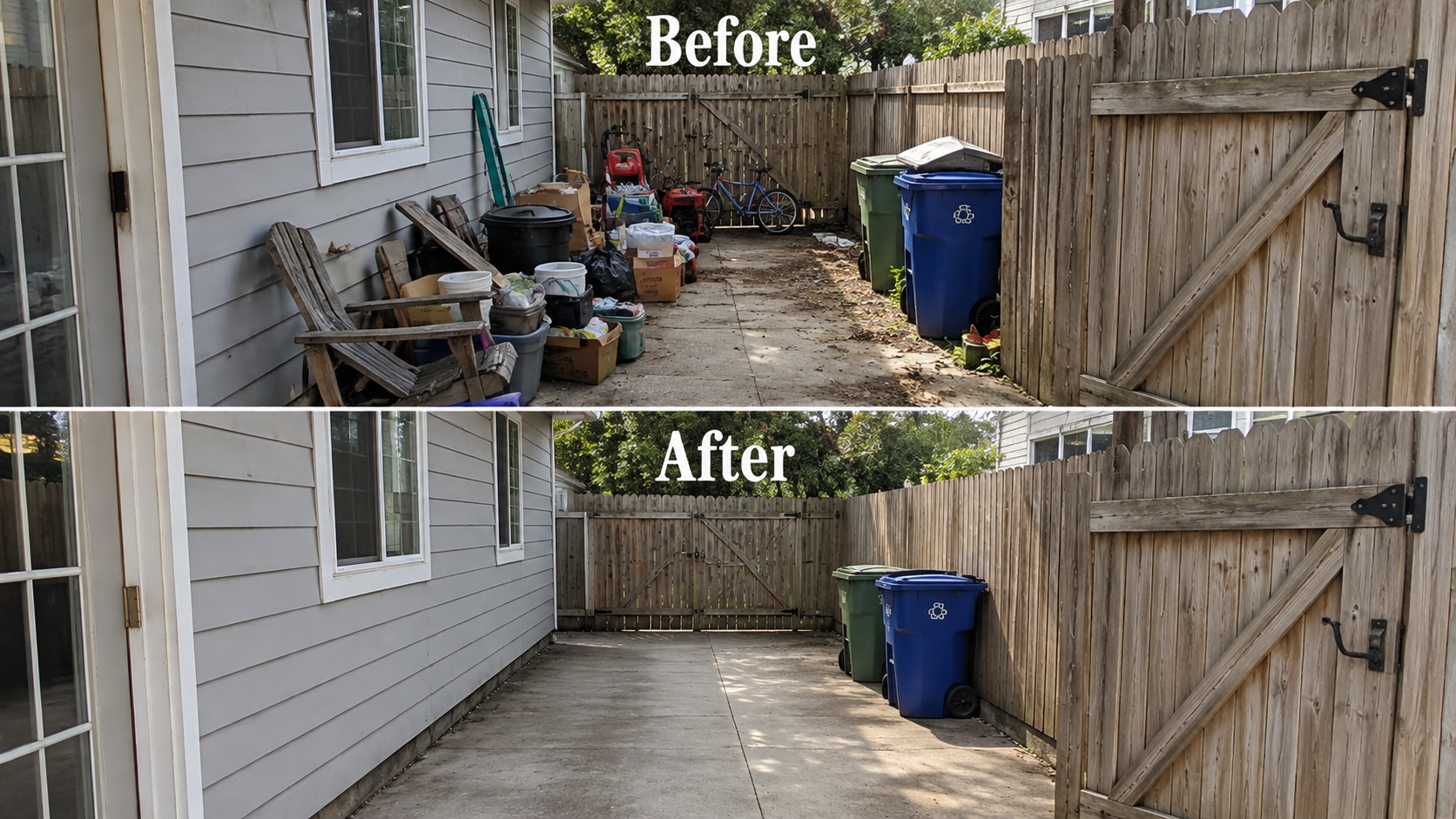 Side yard cleanout — before and after